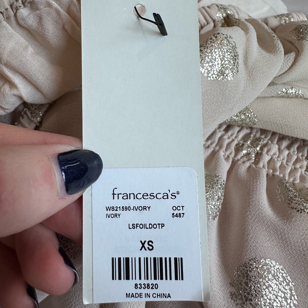 NWT Francesca’s Anett Ivory Sparkle Polka Dot Peplum Top XS Fairycore Whimsical - Picture 5 of 6